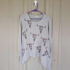 Women's Gray Bull Skulls Tunic Top Size Small Southwestern Coastal Cowgirl Boho